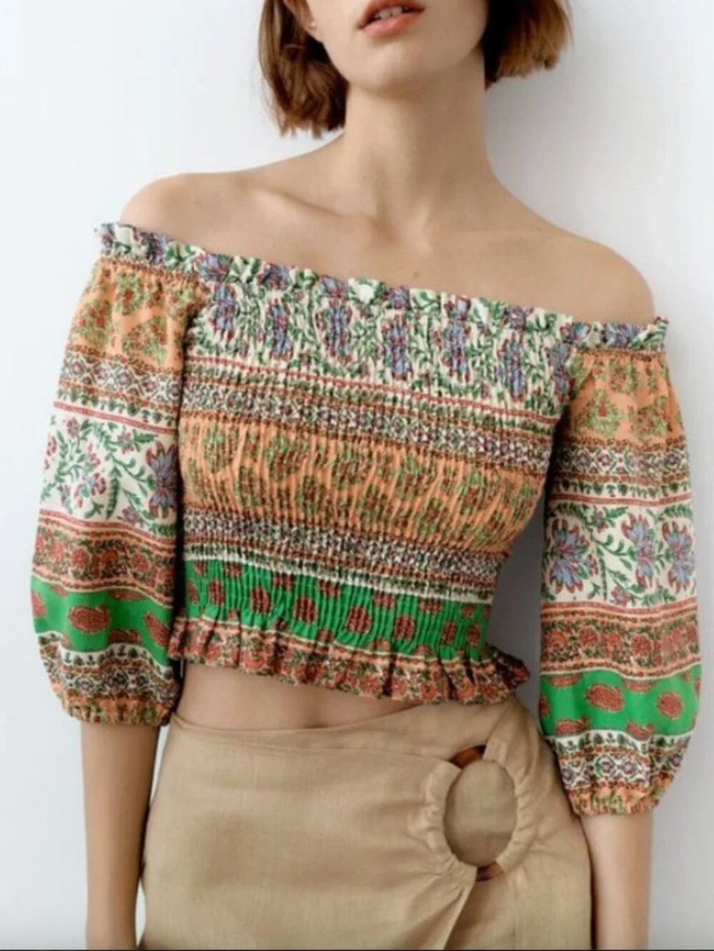 Zara Smocked Crop Top Printed Linen Blend